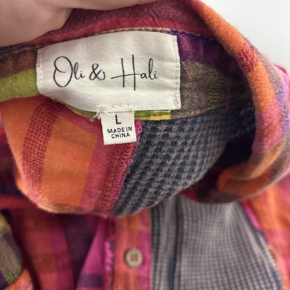 Oli & Hali Womens Patchwork Plaid Waffle Knit Button Down Shirt size Large - Picture 10 of 15